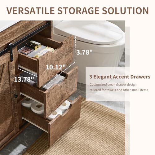 Aitjunz 30" Farmhouse Bathroom Vanity with Sink, Freestanding Modern Bathroom Storage Vanity Cabinet w/Sliding Barn Door, 3 Drawers & Adjustable Shelves, Light Brown