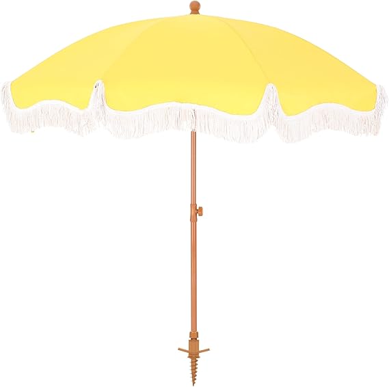 7 ft Heavy Duty Beach Umbrella with Sand Anchor, Fringe Umbrella for Sand