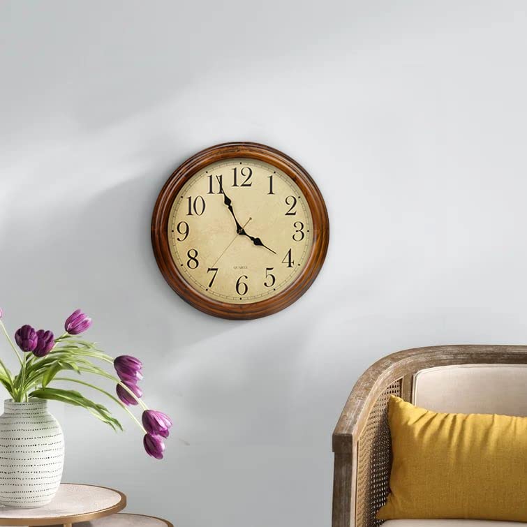16-Inch Solid Wood Silent Non-Ticking Decorative Wall Clock with Large Arabic Numerals