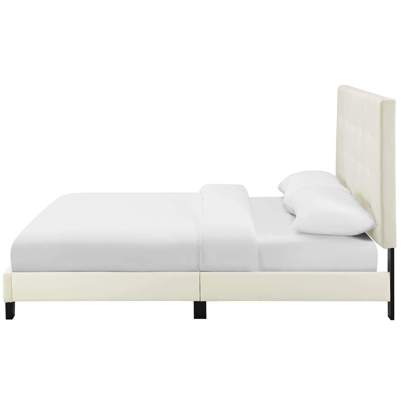 Modern Designer Bedroom Queen Size Platform Bed Frame, Velvet Fabric, Ivory White