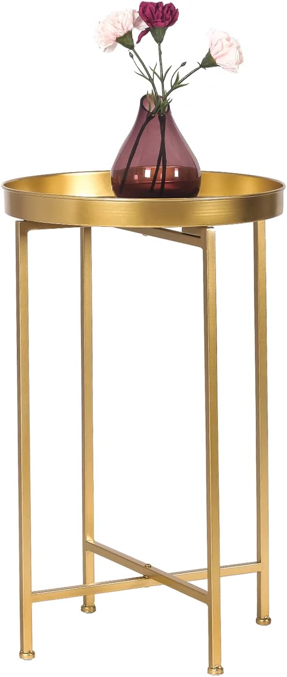 Modern Round Side End Accent Table 25.7 inch Tall for Living Room (Gold, White Tray)