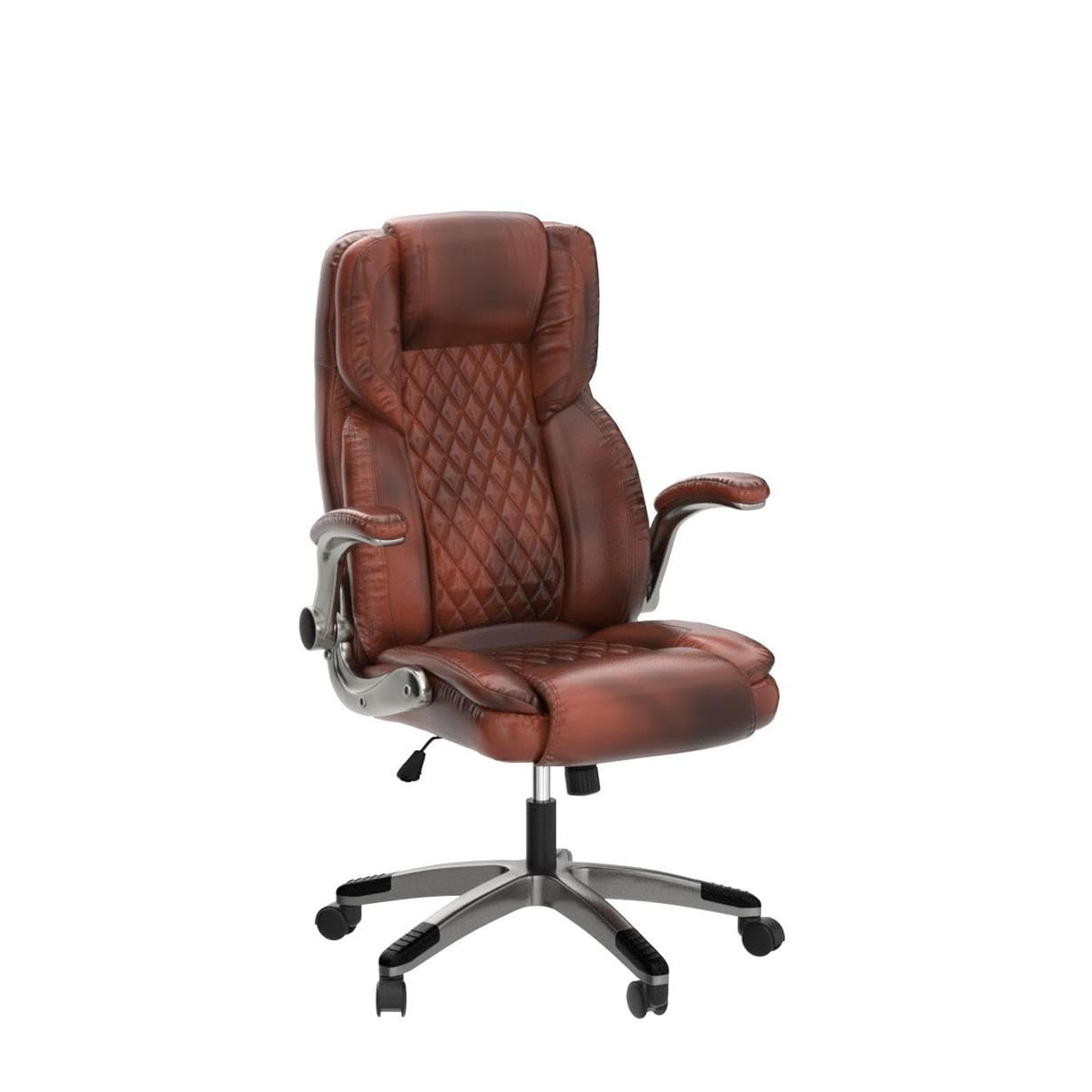 Brown Leather Office Chair with Flip up Arms, High Back Ergonomic Executive Office