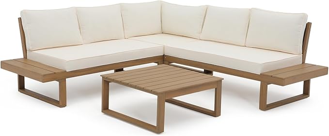 4 Piece Acacia Wood Patio Furniture L-Shaped Outdoor Sectional Sofa Set