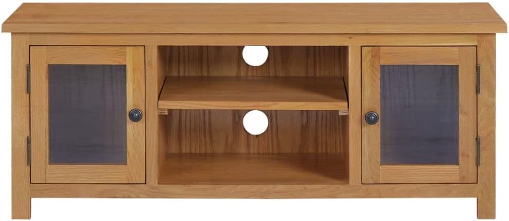 TV Stand - Durable Solid Oak Wood TV Cabinet with Doors and Open Compartments for Storage
