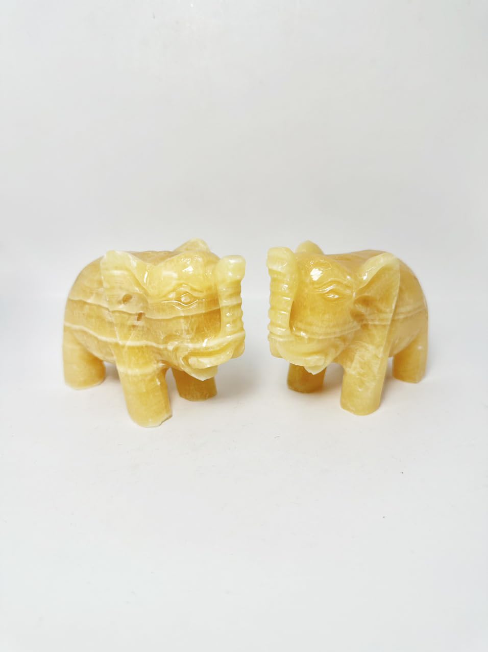 Pair of Elephant Yellow Onyx Marble Statue Figurine for Home, Elephant Statues Home Decor