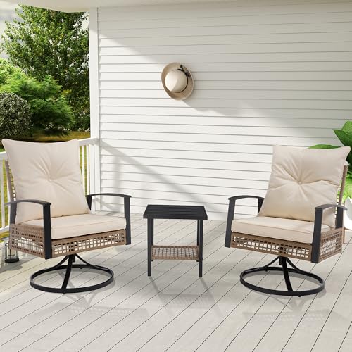 DAYRUS Swivel Outdoor Chairs Set of 2 with Side Table, 3 Pieces Patio Bistro Set with Armrests, High Back Wicker Swivel Rocker Patio Chairs, Upholstered Patio Conversation Set for Porch/Yard, Beige