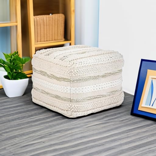 ommer Boho Square Pouf in Natural Handloom Woven Pattern for the Living Room,