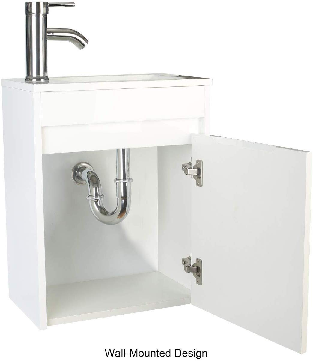 16" Small Bathroom Vanity Wall Mounted,White Small Bathroom Vanity with Ceramic Sink