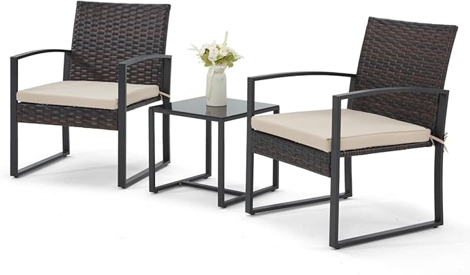 3 Pieces Patio Furniture Set, Outdoor Rattan Bistro Set with Coffee Table