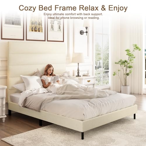 Tall Headboard Bed Frames, 61.1" Queen Size Bed Frame with Cashmere Upholstered,