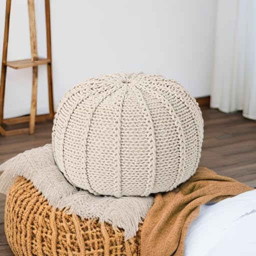 Agatha Knitted Cotton Pouf, Beige Small