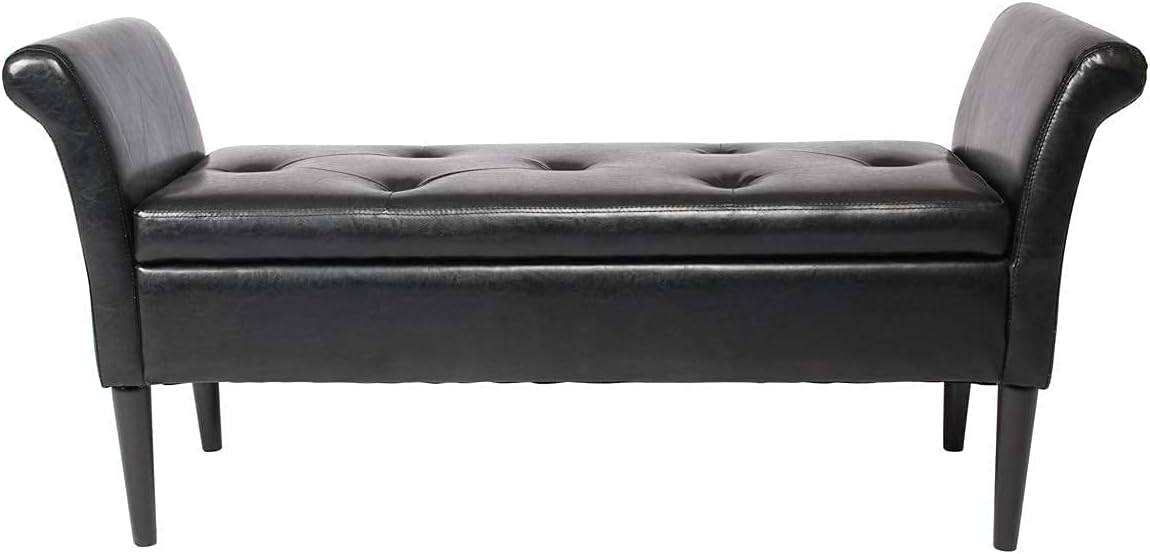 Black Faux Leather Storage Ottoman Bench
