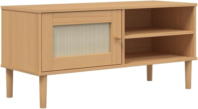 SENJA Rattan Look TV Stand - Black, Solid Wood Pine, Ample Storage