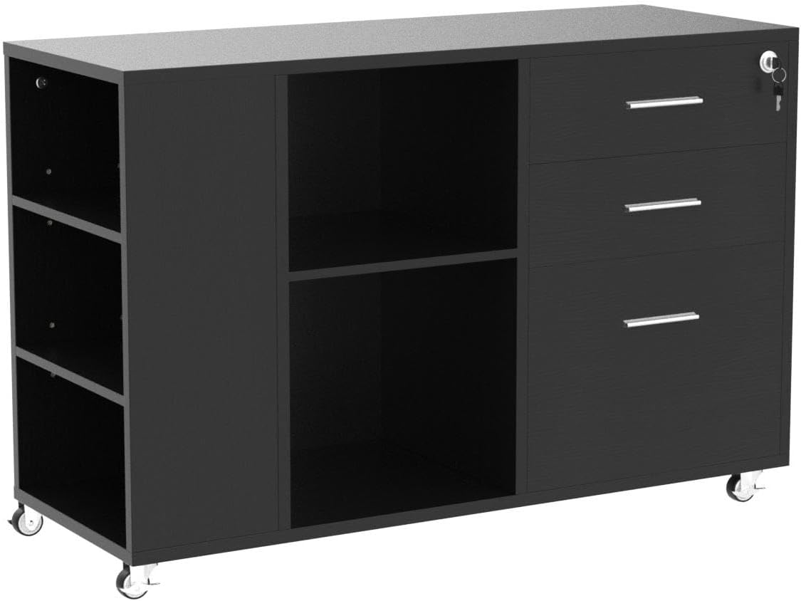 Mobile Wood File Cabinet, 3 Drawer Lateral Filing Cabinet, Black