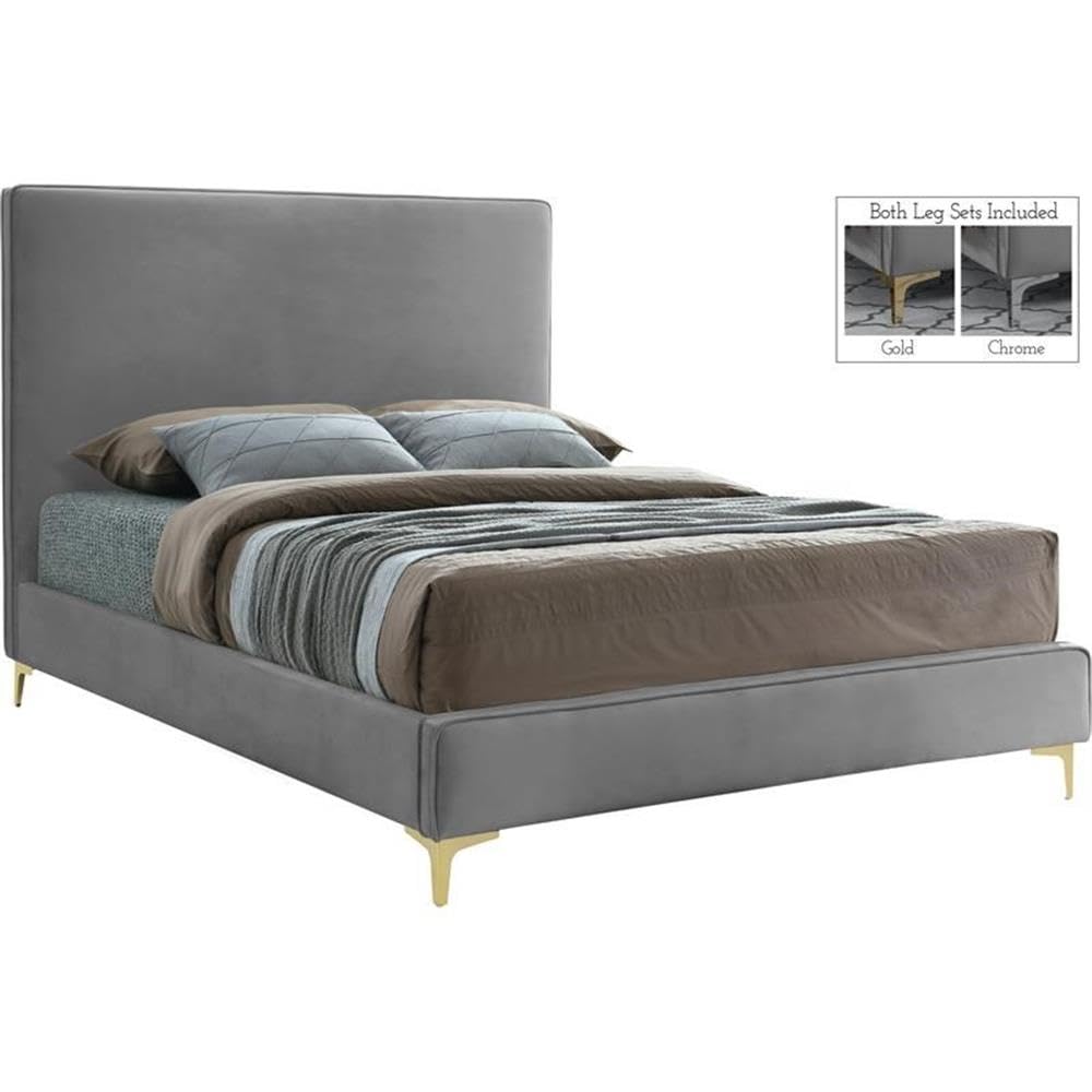 Meridian Furniture Geri Collection Modern | Contemporary Velvet Upholstered Bed with Piping on Headboard and Foorboard in Gold or Chrome Finish, Queen, Grey