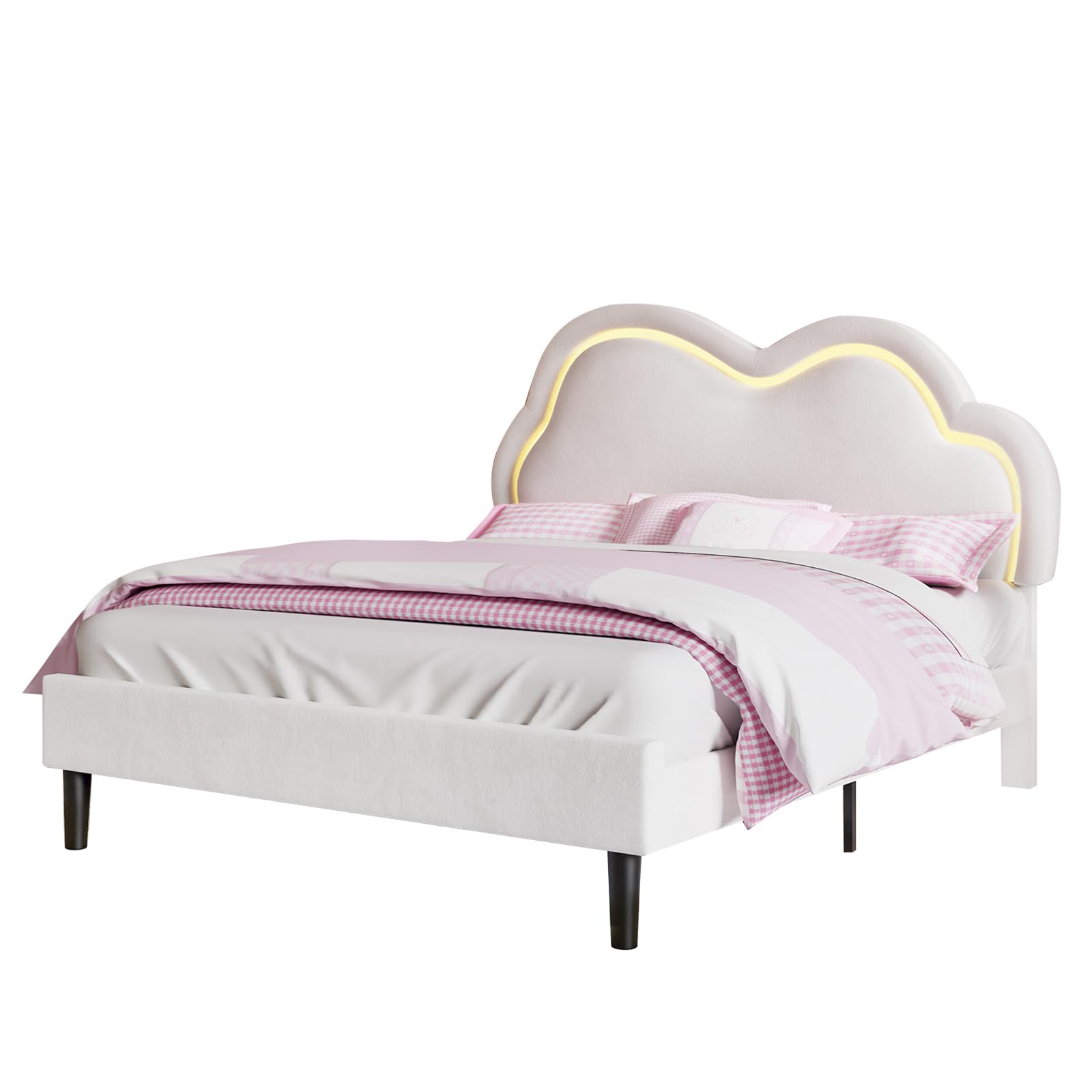 LED Bed Frame Full Size Velvet Upholstered Platform Bed with Adjustable Cloud Headboard,