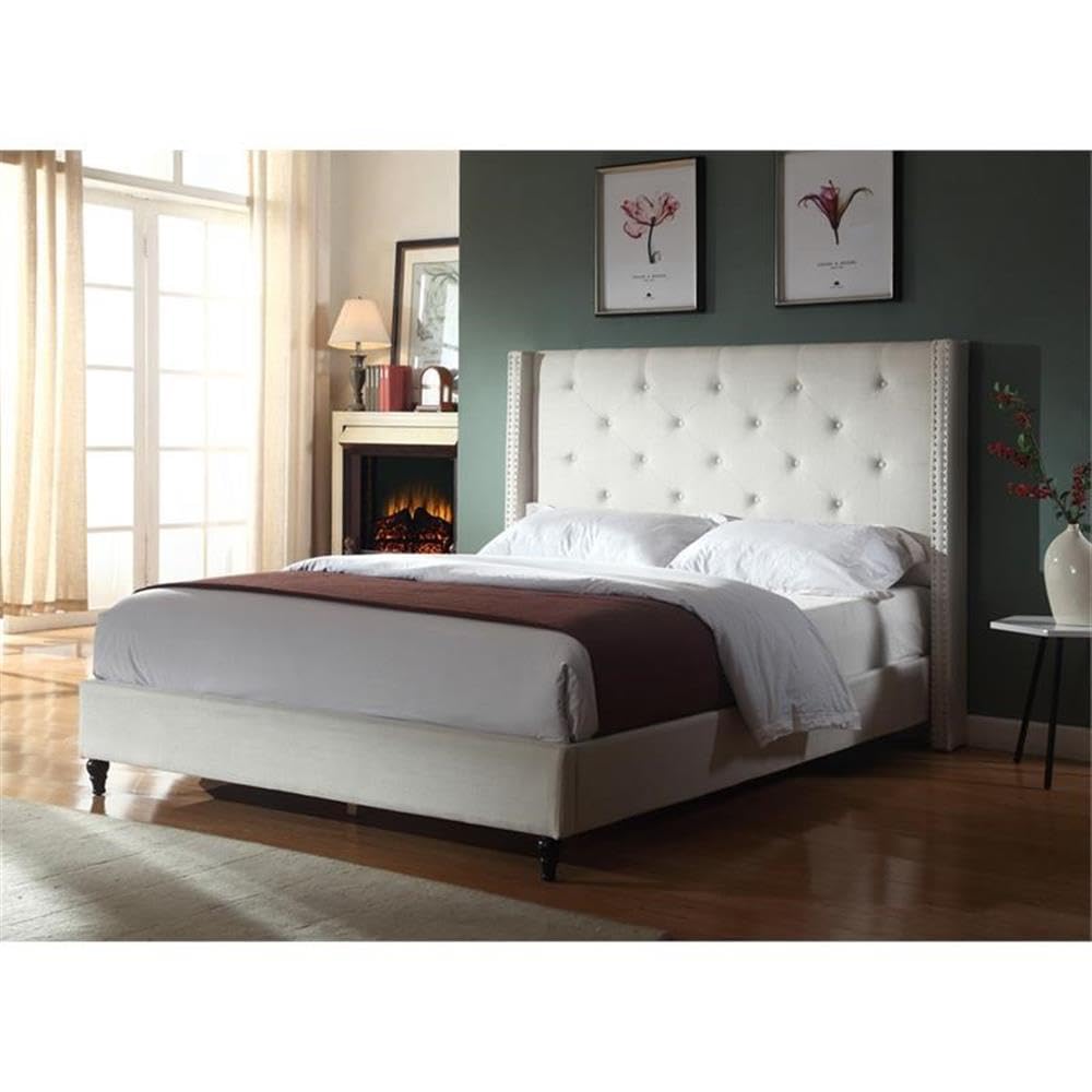 Fabric Upholstered Wingback Queen Platform Bed - Beige