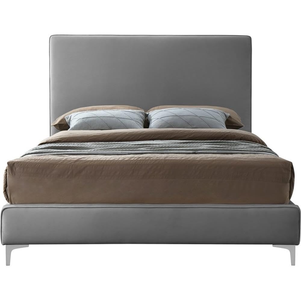 Meridian Furniture Geri Collection Modern | Contemporary Velvet Upholstered Bed with Piping on Headboard and Foorboard in Gold or Chrome Finish, Queen, Grey