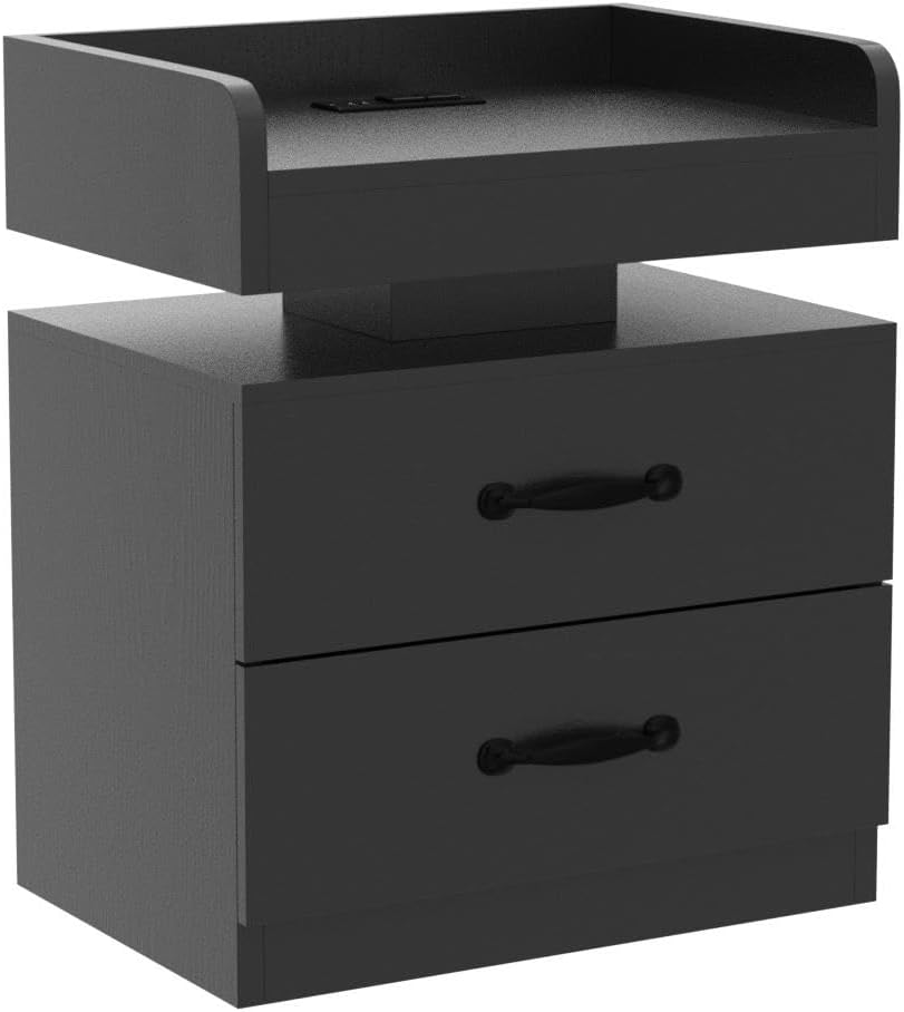 Black Nightstand with Charging Station, Night Stand