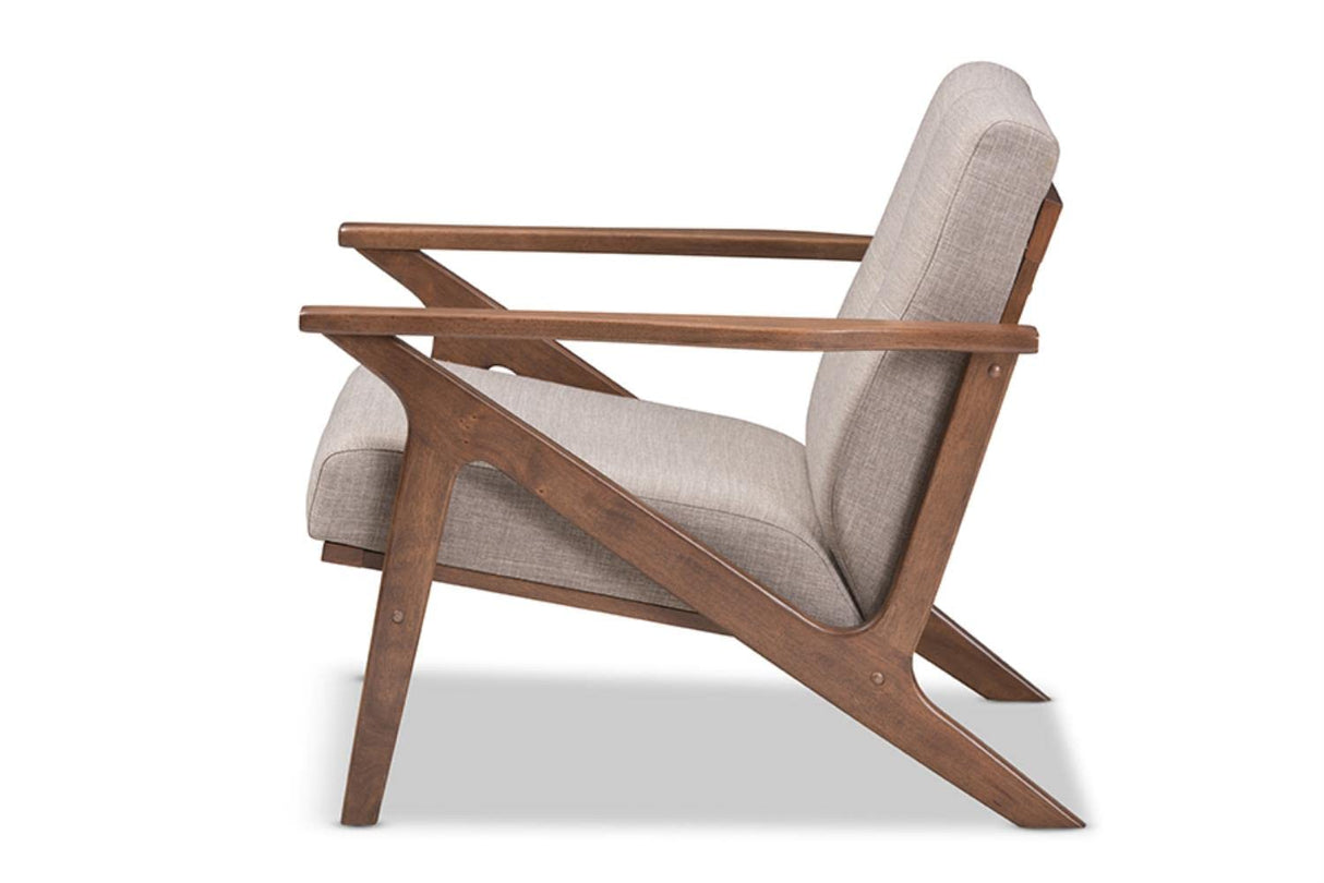 Bianca Mid-Century Modern Walnut Wood Light Grey Fabric Tufted Lounge Chair