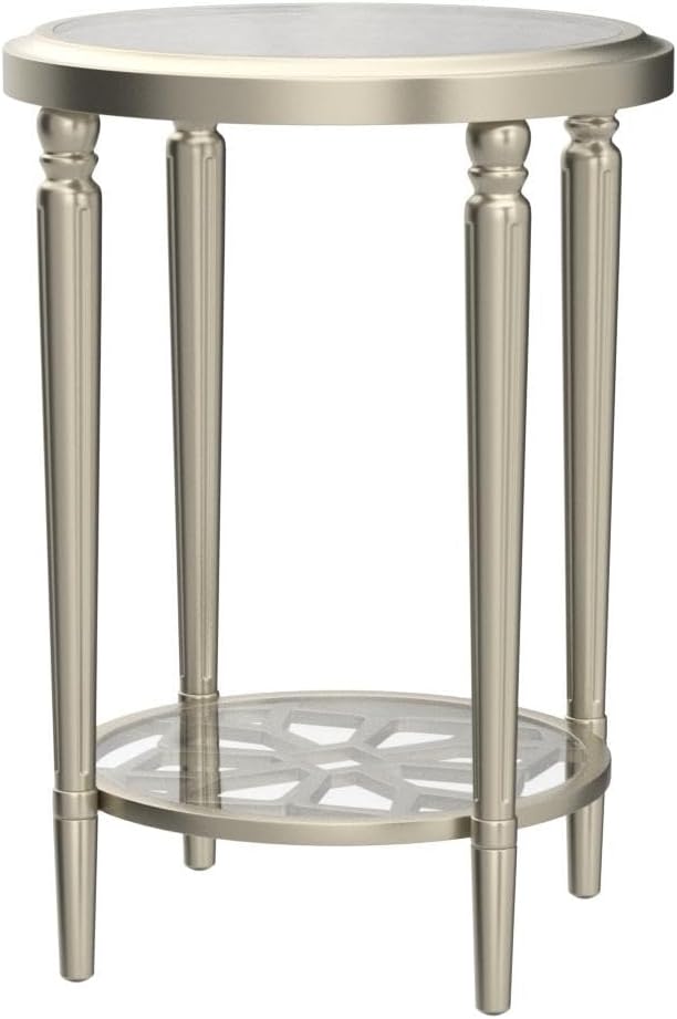 Modern Round End Table, 2-Tier Champagne Side Table with Tempered Glass Tabletop