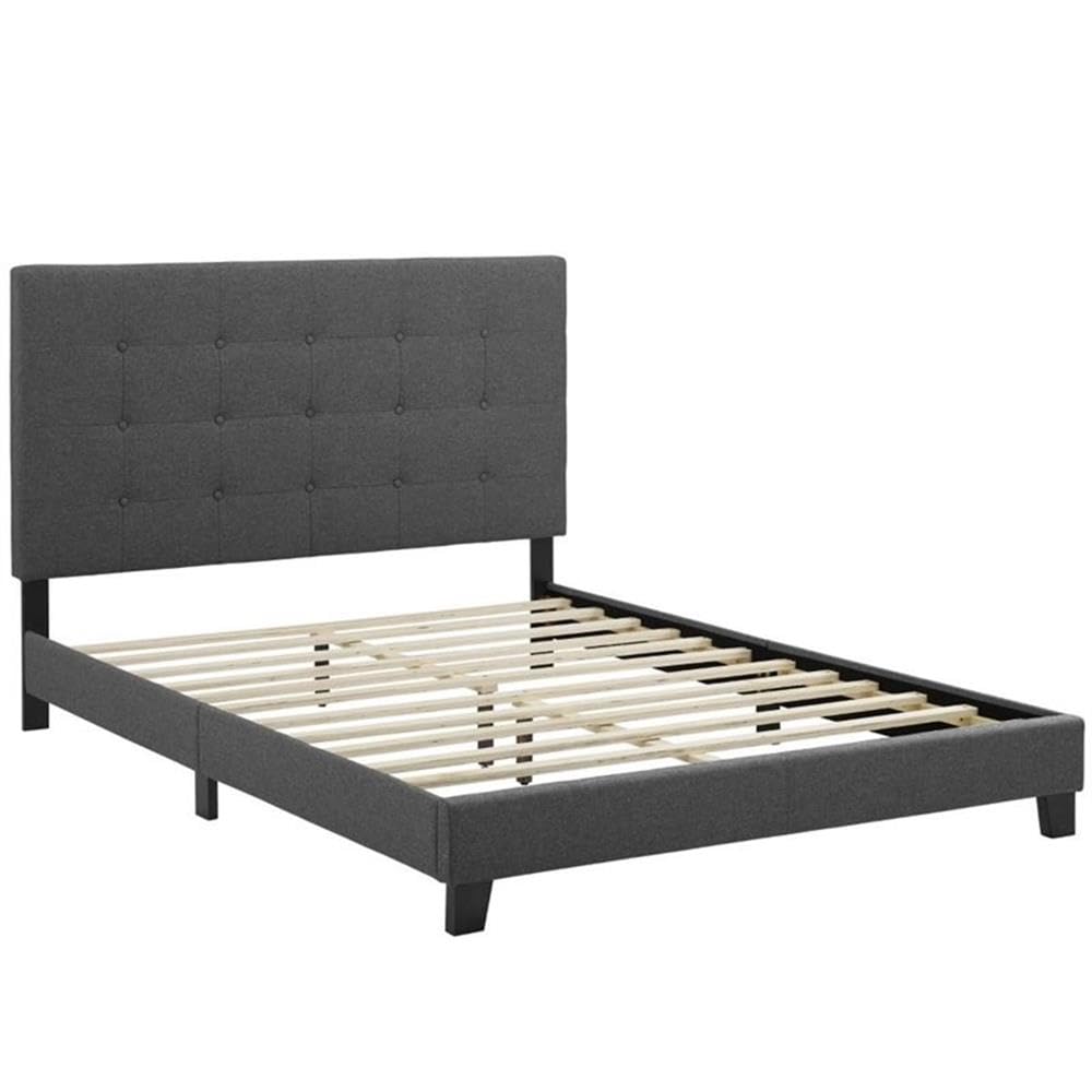 Modern Button Tufted Fabric Full Platform Bed in Gray