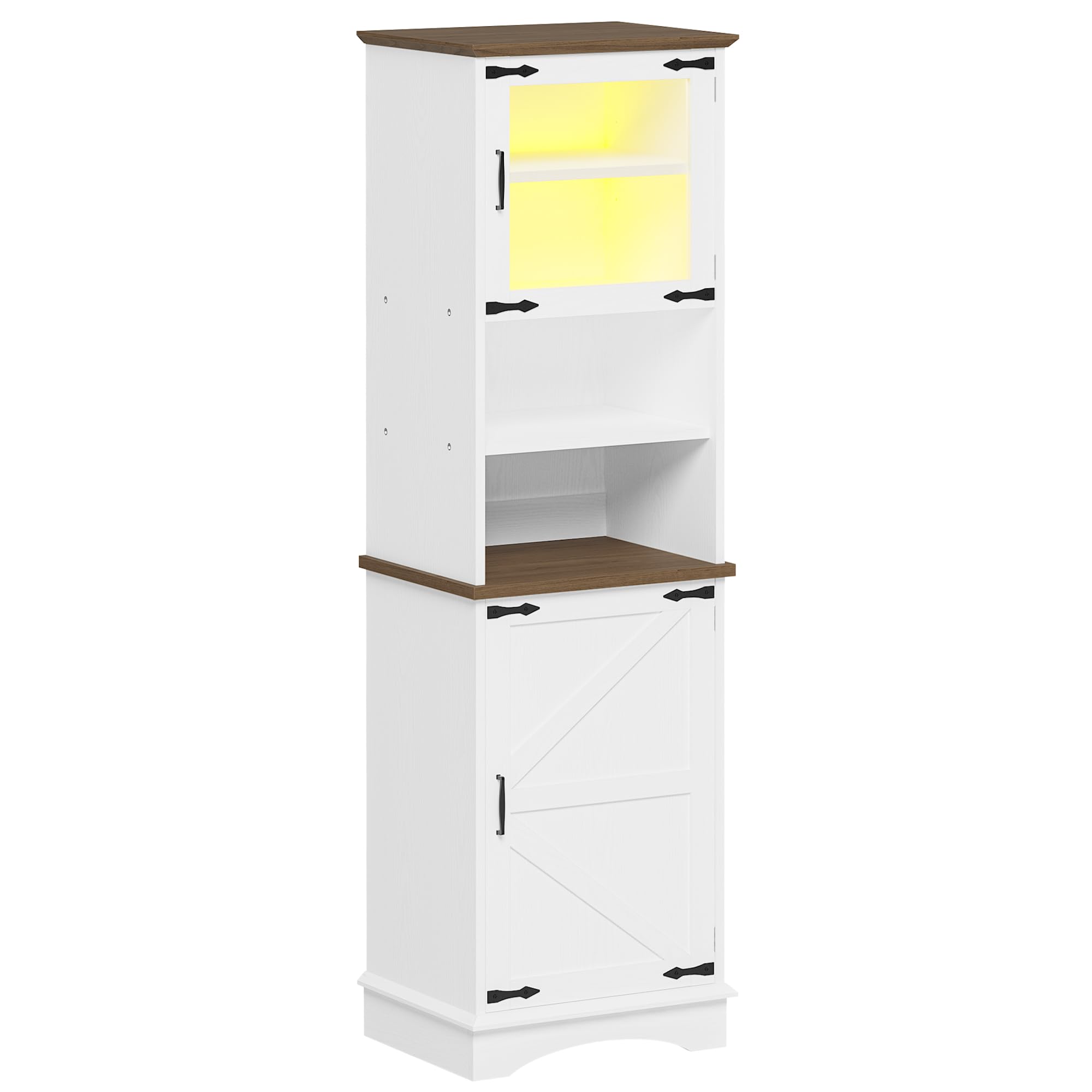 Tall Bathroom Cabinet, Farmhouse Storage Cabinet with LED Lights and Adjustable Shelves