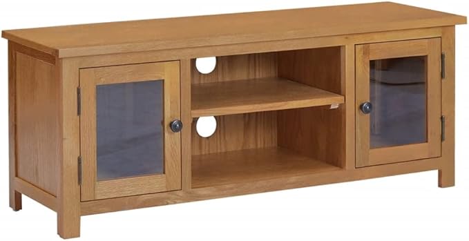 TV Stand - Durable Solid Oak Wood TV Cabinet with Doors and Open Compartments for Storage