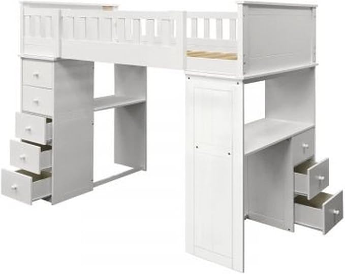 Twin Loft Bed with 8 Drawers and 1 Desk, White