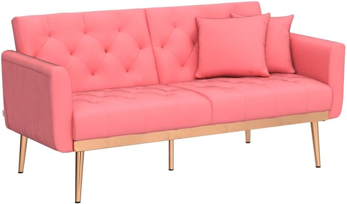 Convertible Velvet Futon Sofa Bed, Upholstered Loveseat Sleeper Couch with 3 Reclining Angles and 2 Pillows, Modern Living Room Sofa Couch with 5 Solid Metal Legs for Guest Room, Office, Peach