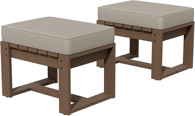 Cedar Outdoor Patio Ottomans with Removable Cushions, Set of 2, Real Wood Footrests