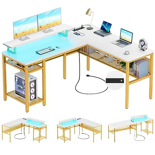 Reversible L Shaped Desk with Power Outlets and Smart LED Light, 55 Inch Computer Office Desk