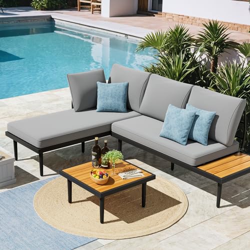 Outdoor Sectional Furniture Patio Sectional Sofa with Acacia Wood Table