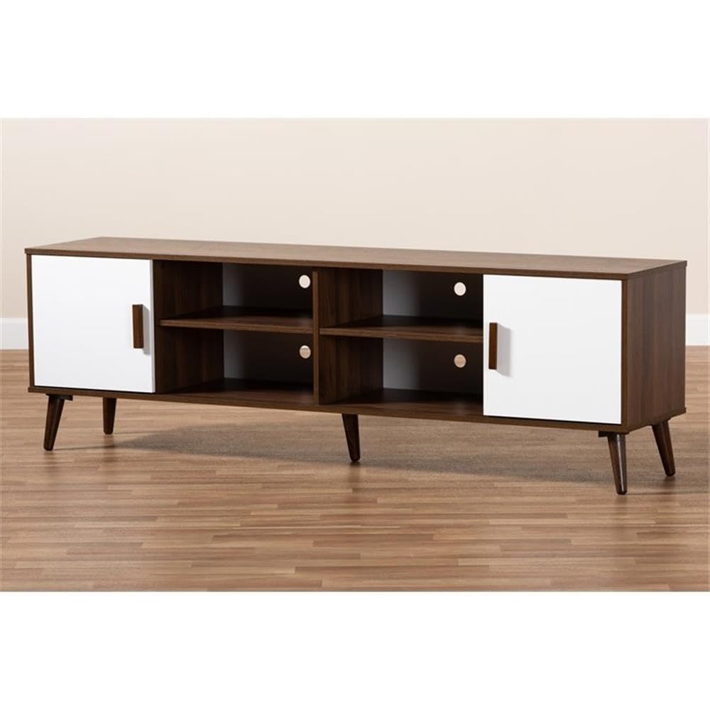 Quinn Mid-Century Modern Two-Tone White and Walnut Finished 2-Door Wood TV Stand