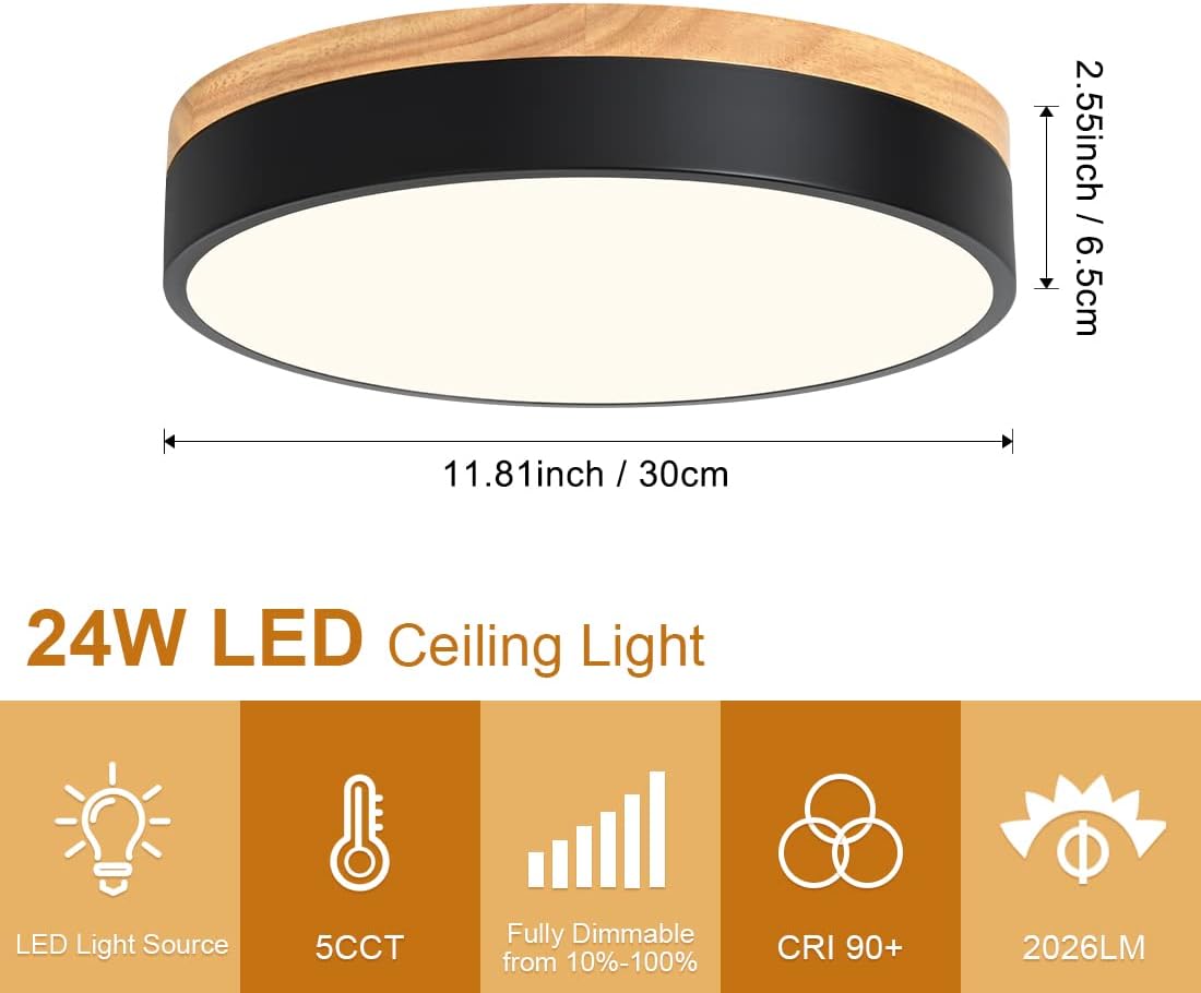 Modern Dimmable Wood LED Close to Ceiling Light, 2700K-6000K 5CCT Round Black