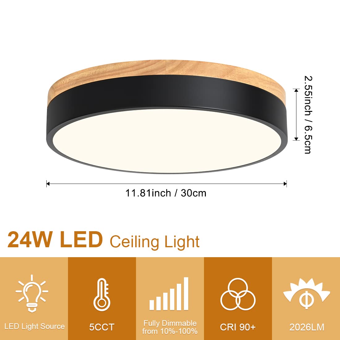 Modern Dimmable Wood LED Close to Ceiling Light, 2700K-6000K 5CCT Round Black