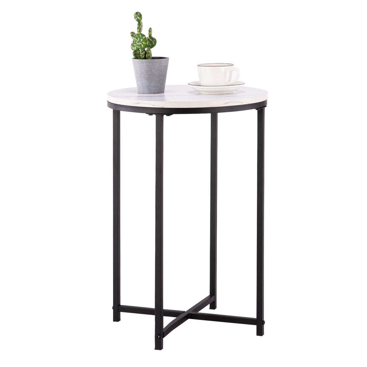 Round End Table, Faux Marble Sofa Side Table with Metal Frame, Modern Nightstand