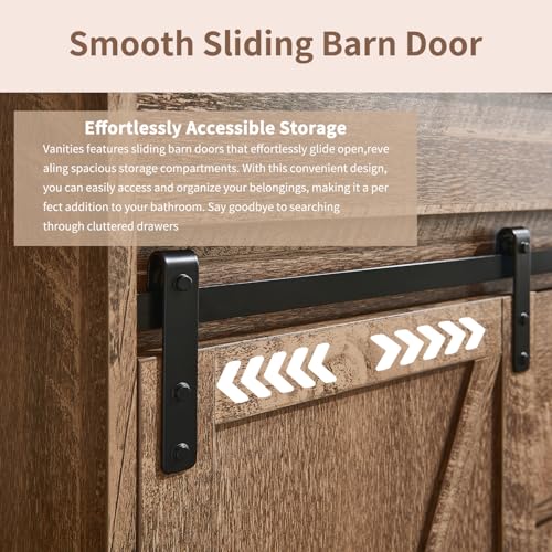 Aitjunz 30" Farmhouse Bathroom Vanity with Sink, Freestanding Modern Bathroom Storage Vanity Cabinet w/Sliding Barn Door, 3 Drawers & Adjustable Shelves, Light Brown