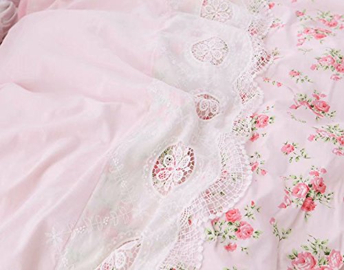Romantic Roses Print Duvet Cover Set with Bed Skirt Pink Lace Ruffle Floral Shabby
