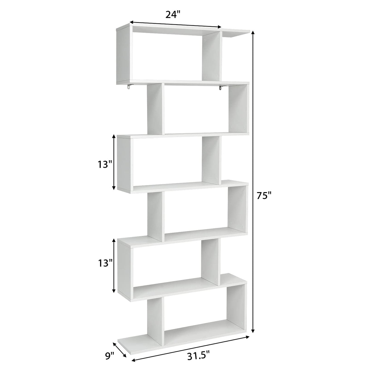 Tangkula 6-Tier Geometric Bookcase, Modern S-Shaped Storage Display Bookshelf for Living Room, Anti-Toppling Device, Home Office Wooden 6 Shelf Open Bookcase (1, White)