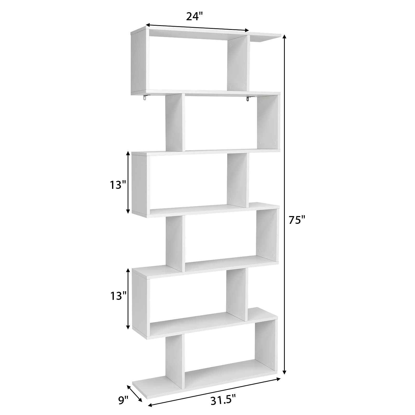 Tangkula 6-Tier Geometric Bookcase, Modern S-Shaped Storage Display Bookshelf for Living Room, Anti-Toppling Device, Home Office Wooden 6 Shelf Open Bookcase (1, White)