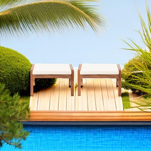 Temecula Outdoor Ottomans with Cushion (Set of 2) - Acacia Wood - Brown/Cream