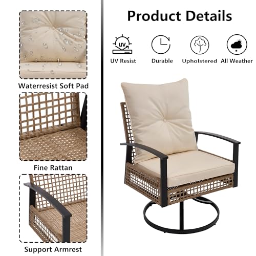 DAYRUS Swivel Outdoor Chairs Set of 2 with Side Table, 3 Pieces Patio Bistro Set with Armrests, High Back Wicker Swivel Rocker Patio Chairs, Upholstered Patio Conversation Set for Porch/Yard, Beige