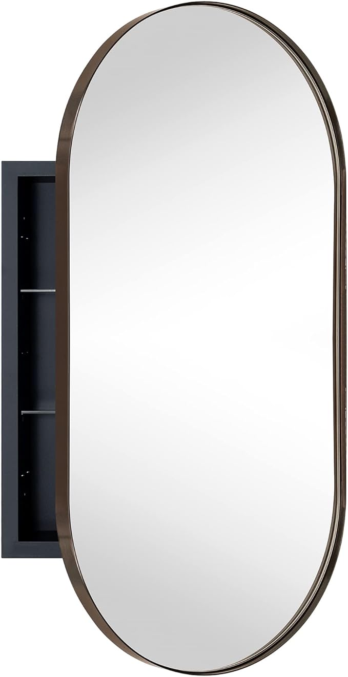 Matte Black Oval Recessed Bathroom Medicine Cabinet