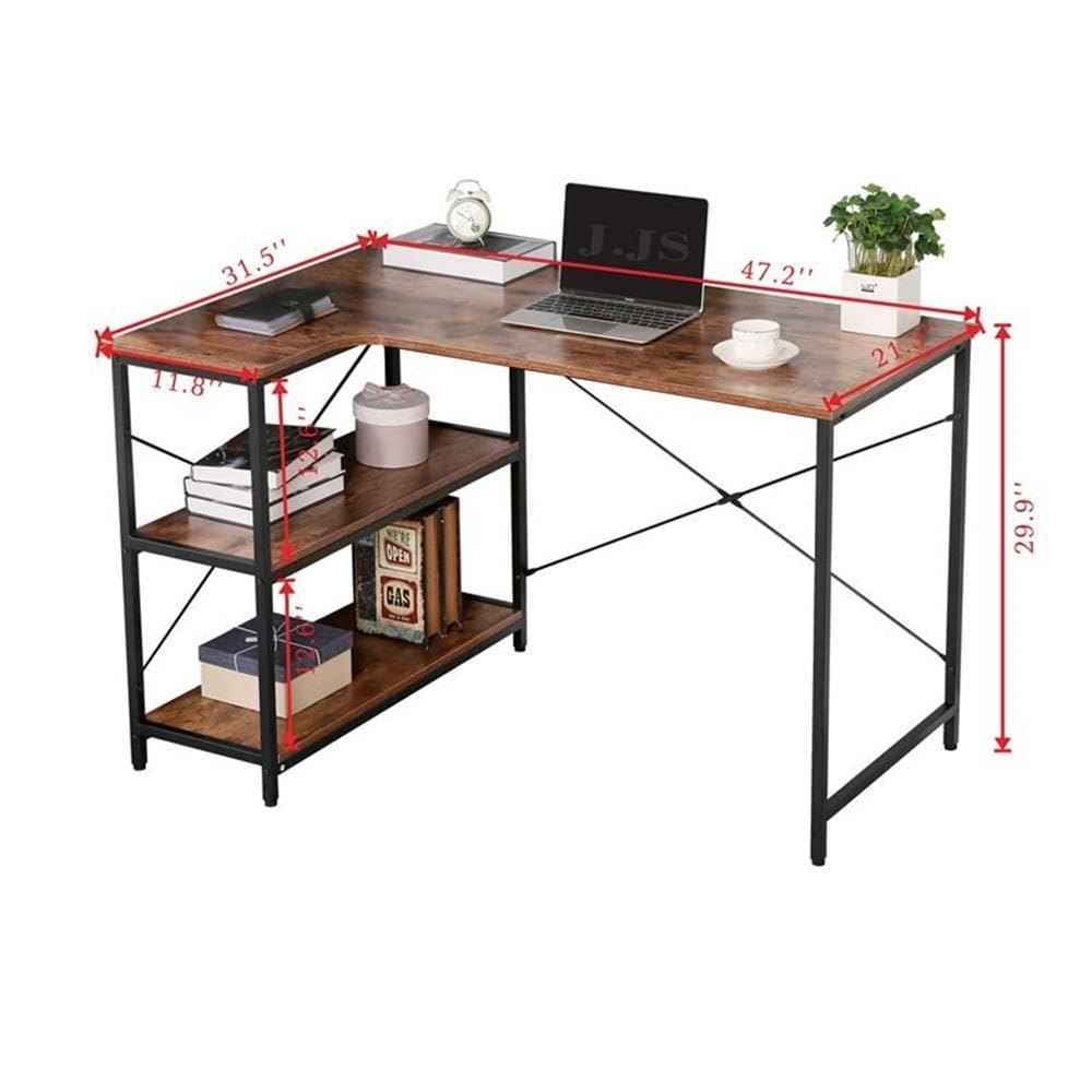 JJS L-Shaped Home Office Corner Writing Computer Desk with Build-in Bookcase, Wood Metal Modern Study Laptop Table Workstation with Storage Shelves for Small Space, Antony Rustic Brown