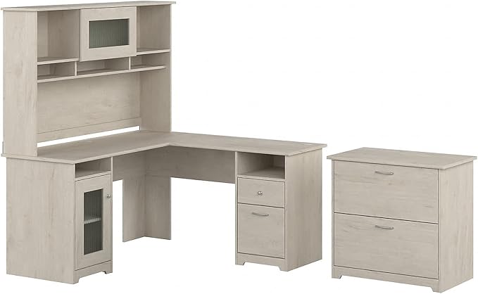Cabot 60W L Shaped Computer Desk with Hutch and Lateral File Cabinet in Reclaimed