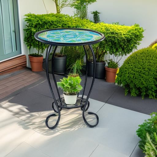 Mosaic Outdoor Side Table, 14" Round Patio Side Table, Mosaic Plant Stand, End Table