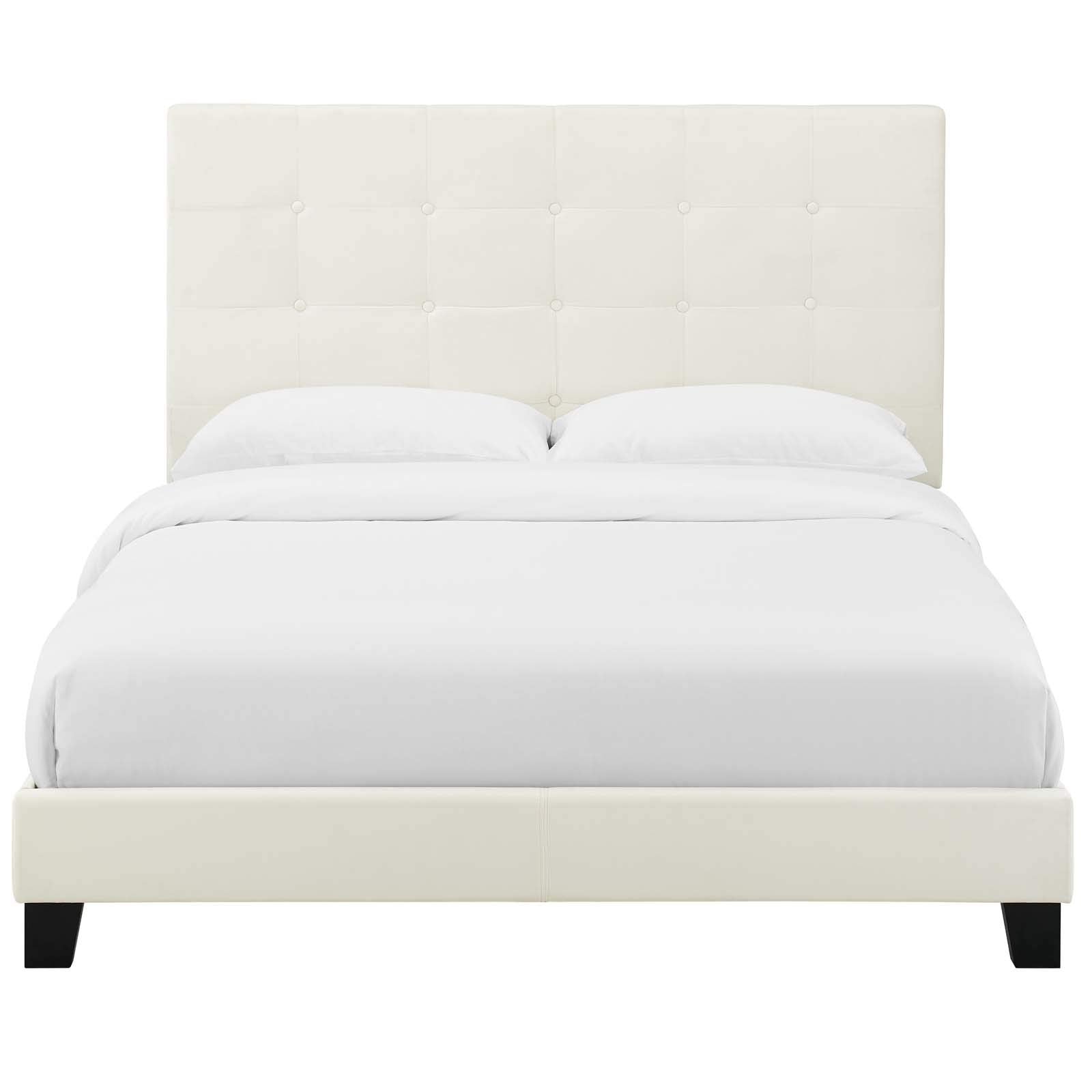 Modern Designer Bedroom Queen Size Platform Bed Frame, Velvet Fabric, Ivory White