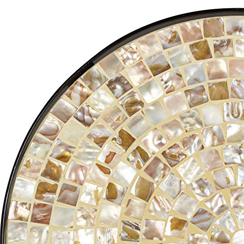 Teal Island Designs Mother of Pearl Modern Black Metal Round Outdoor Accent Side Table 14" Wide Natural Mosaic Tile Tabletop Gracefully Curved Legs for Spaces Porch Patio Home House Balcony Deck - Bircata