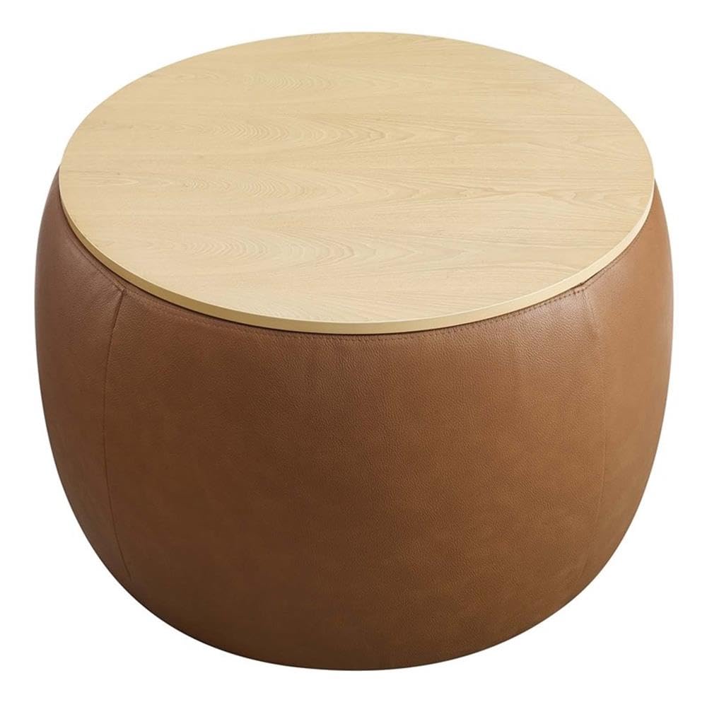 26 Inch Round Storage Ottoman with Tray Lid in Tan - Vegan Leather Ottoman - Versatile
